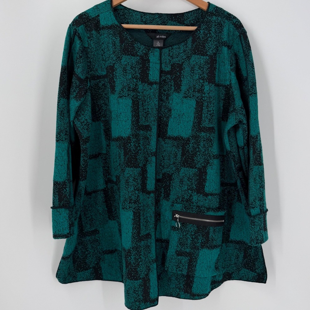 Ali Miles Artsy Abstract Geometric Zip Pocket Tunic Top Womens XL Teal Black